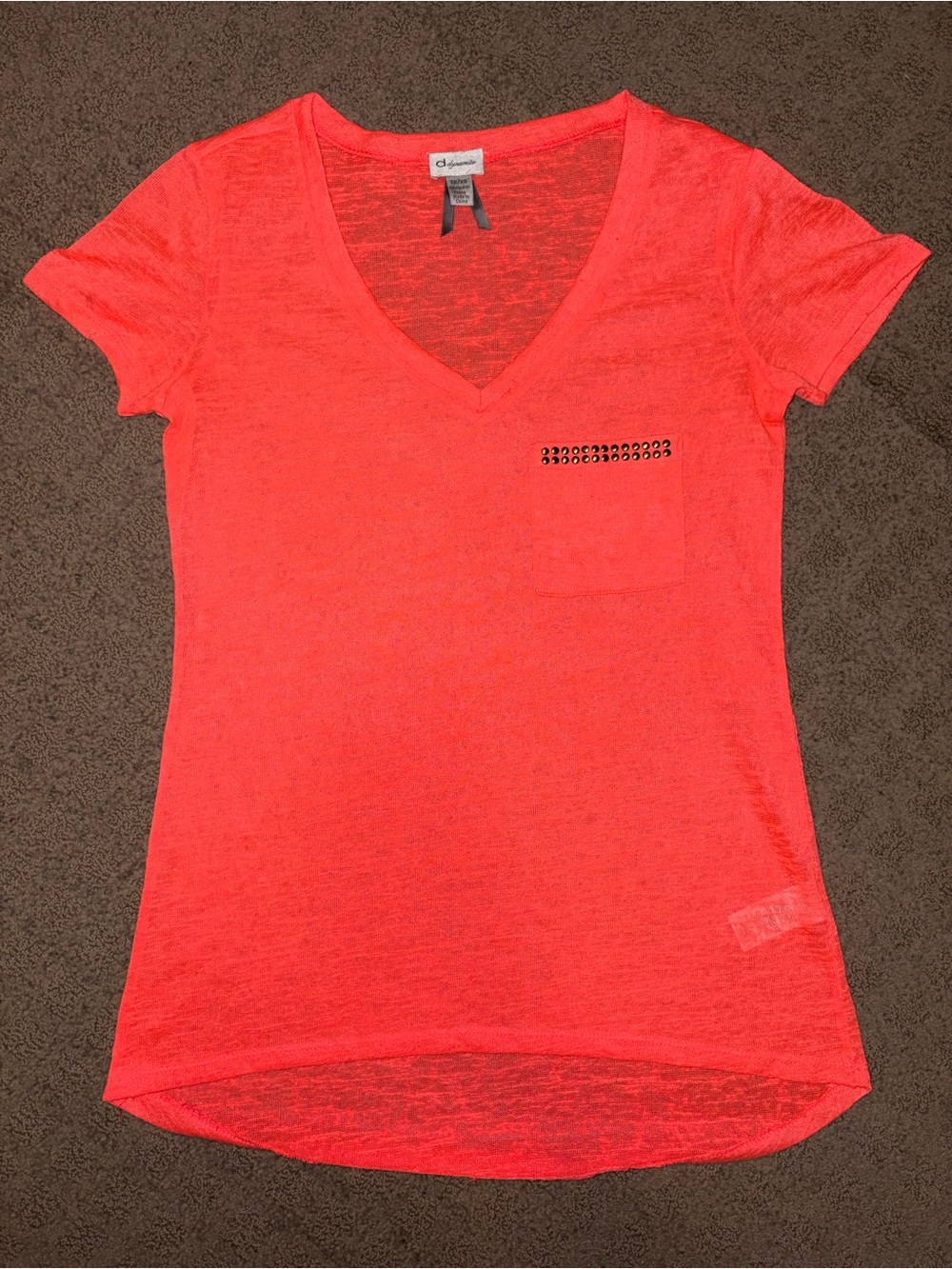 DYNAMITE Neon Coral V-Neck Stud Pocket Tee, Size XS, Like NEW